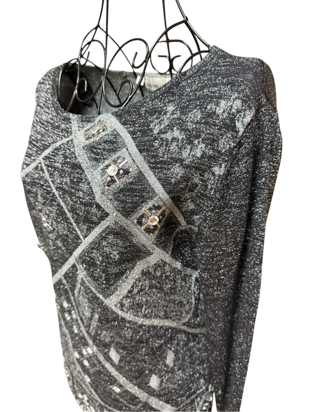 Nancy Bolen City Girl Embellished Metallic Knit Silk Blend Top in Charcoal small - Picture 4 of 8